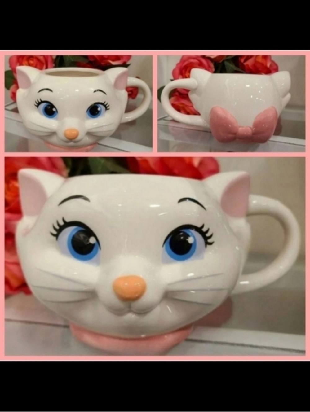 DISNEY Ceramic 3D Mug Cup Marie Aristocats White Cat Kitten Pink Coquette Bow